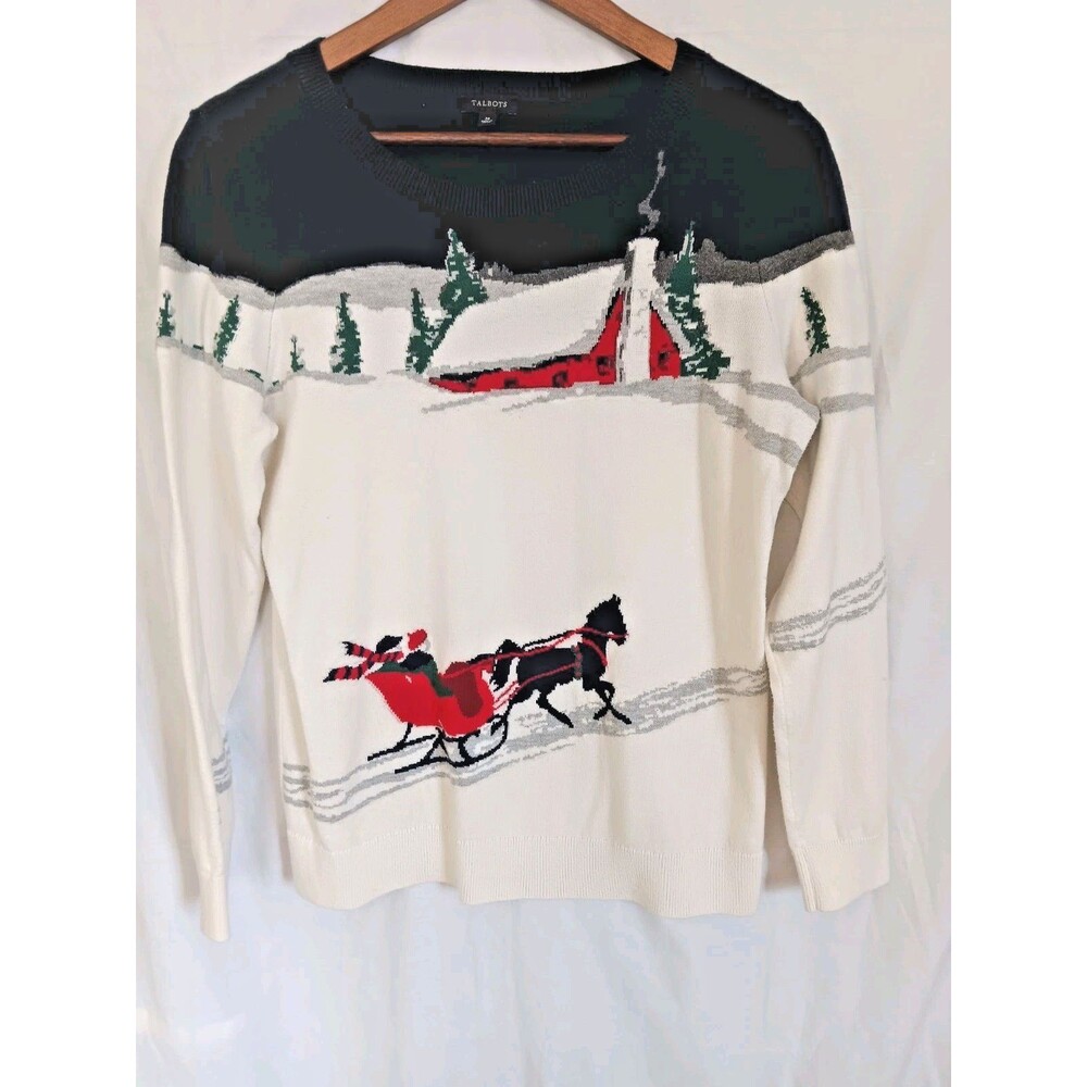 Talbots Women M Winter Sleigh Scenic Sweater Cotton Blend Christmas Holiday